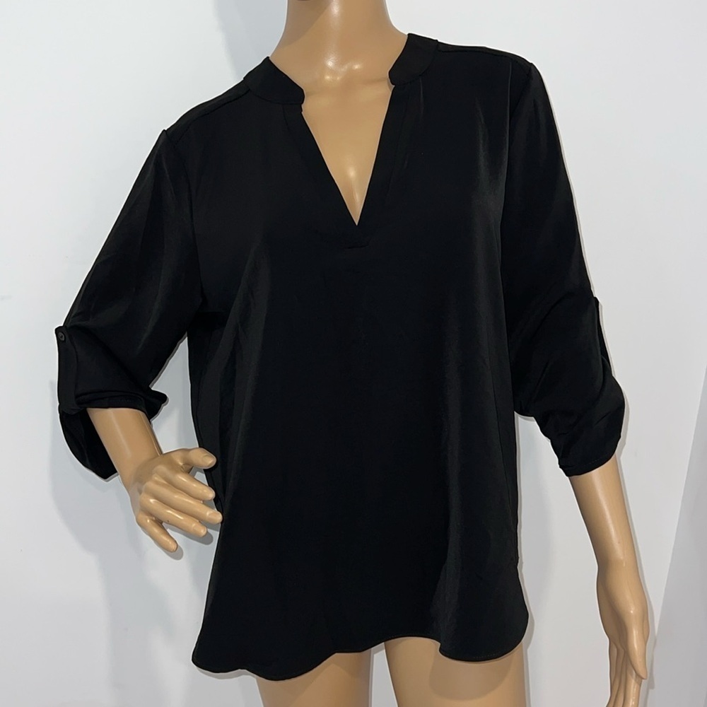 Black Satin 3/4 sleeves V-neck blouse size Large